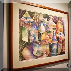 A03. Framed watercolor of pots. Signed. 29”h x 38”w - $135